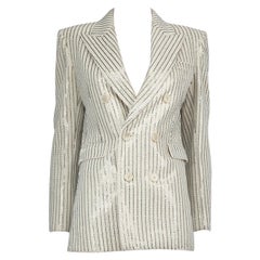 Saint Laurent White Wool Beaded Stripe Blazer Jacket Size S