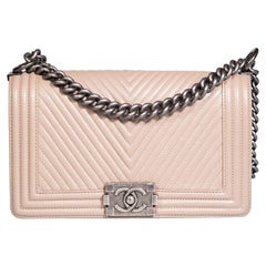 Chanel 2014 Beige Lambskin Medium Chevron Boy Bag Ruthenium Hardware