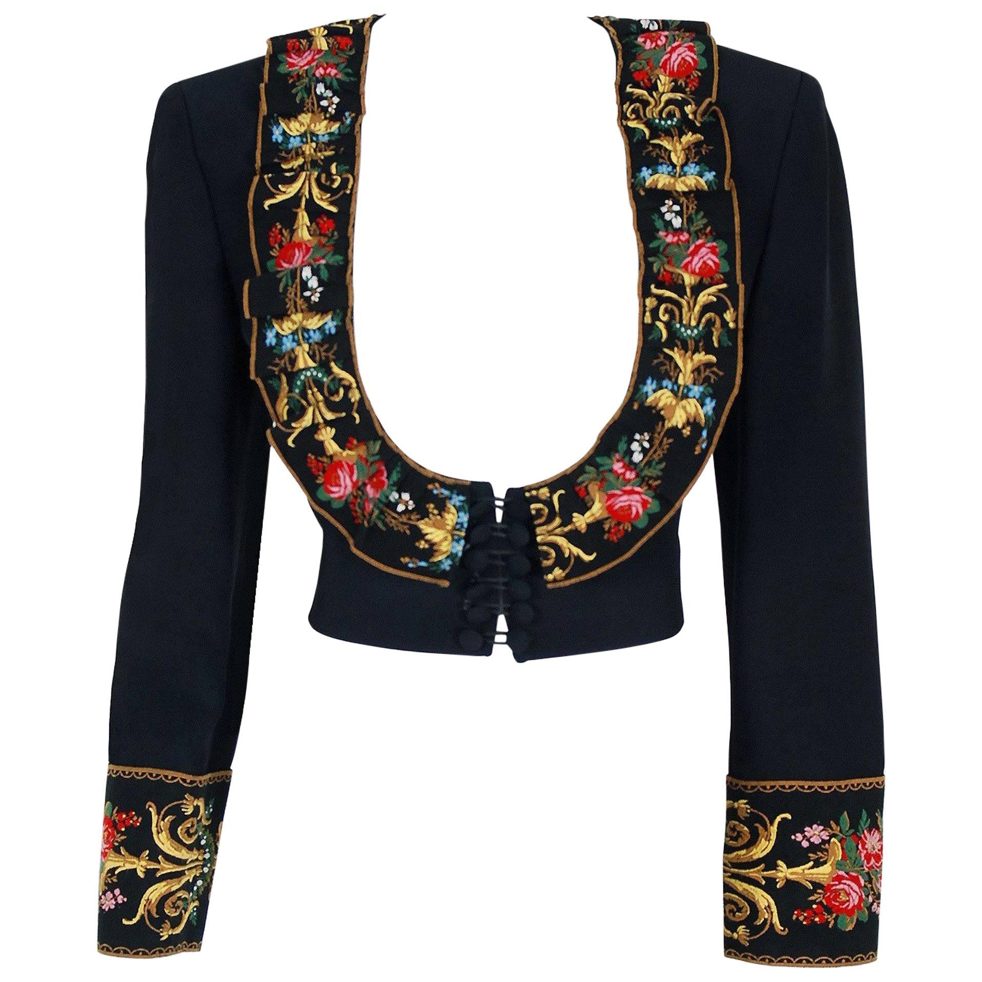 1990's Moschino Couture Colorful Floral Embroidered Black Silk Cropped Jacket  