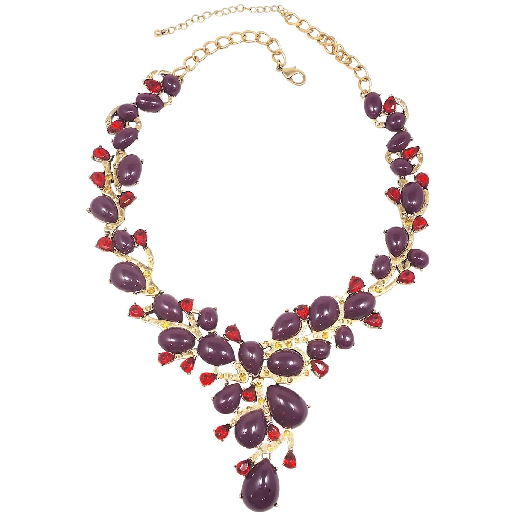 Vintage Unsigned Oscar De La Renta Purple Cabochon 
Red Rhinestone Statement Ne