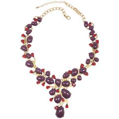 Vintage Unsigned Oscar De La Renta Purple Cabochon & Red Rhinestone Statement Ne