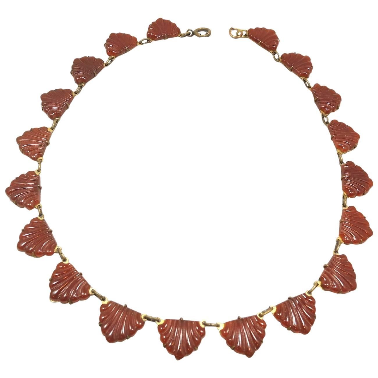 Vintage 1930s Czech Carnelian Seashell Necklace For Sale