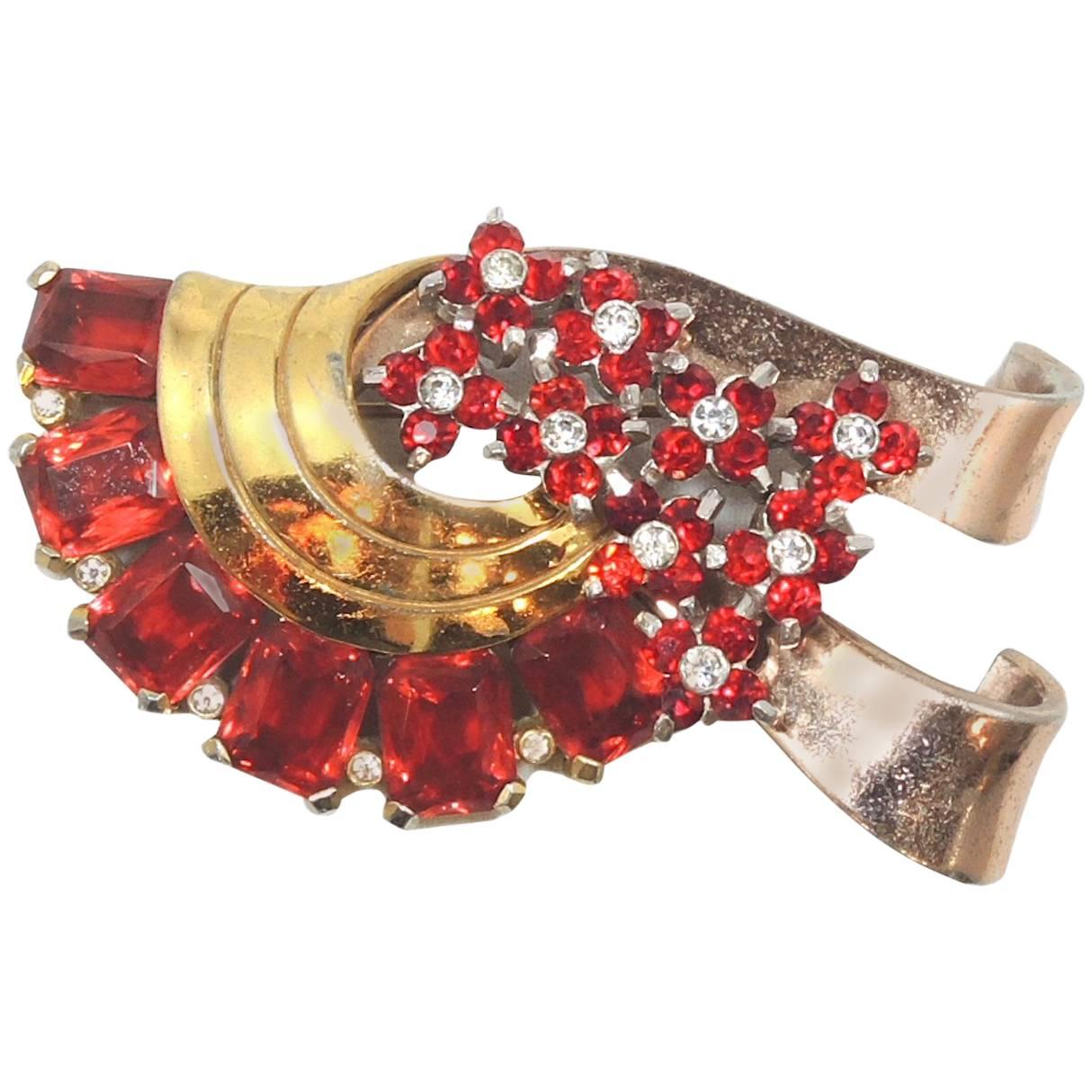 Pennino Vintage Faux Ruby and Clear Crystal Brooch For Sale