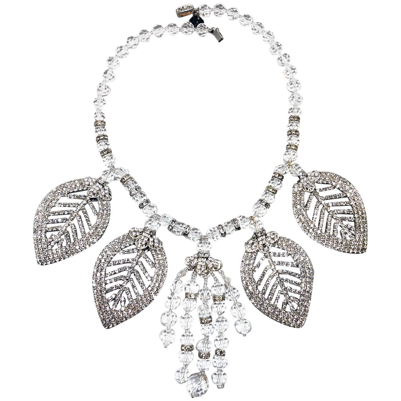 Designer Anka One Of A Kind Rhinestone Crystal Leaf Necklace