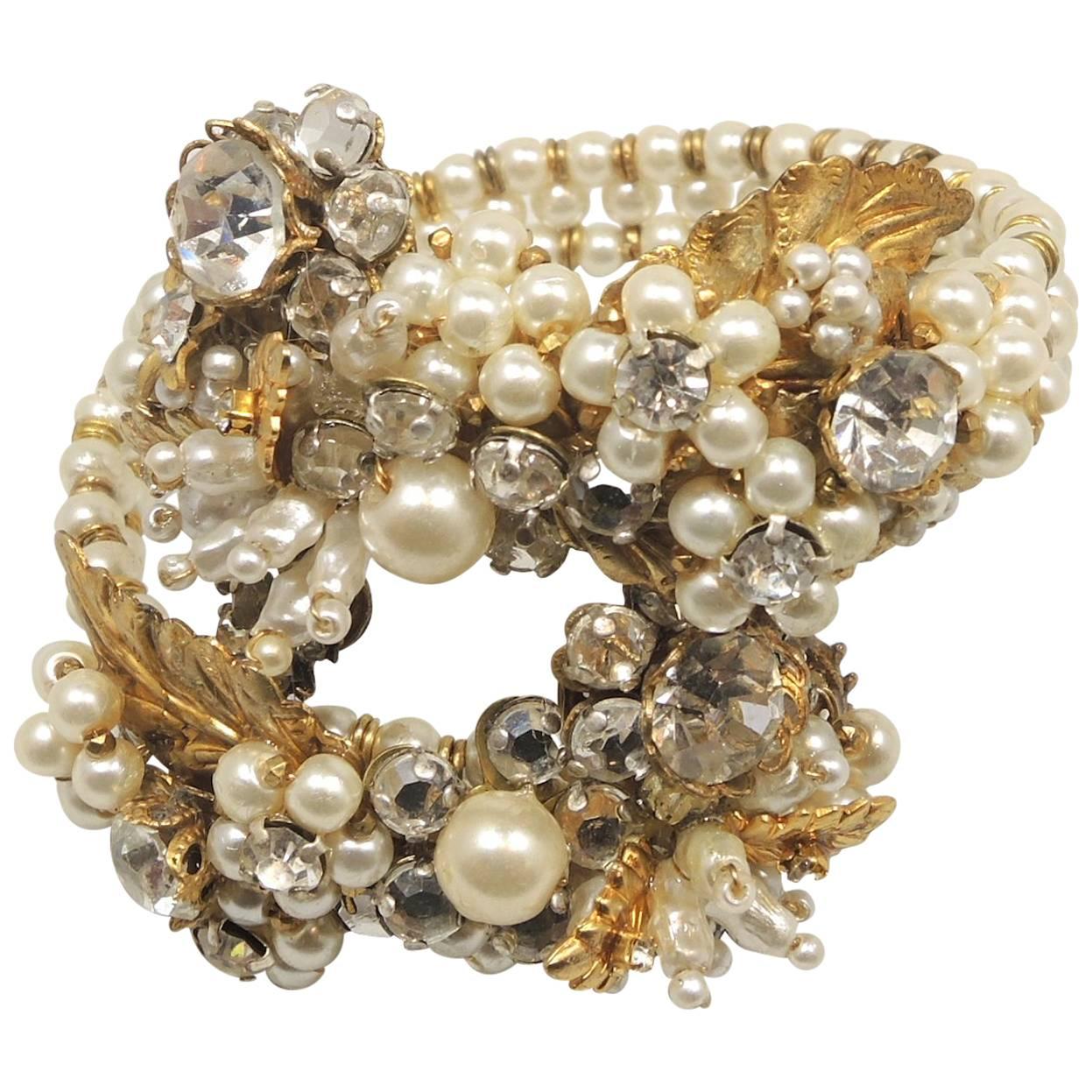 Early Miriam Haskell Faux Pearl Floral Coiled Bracelet