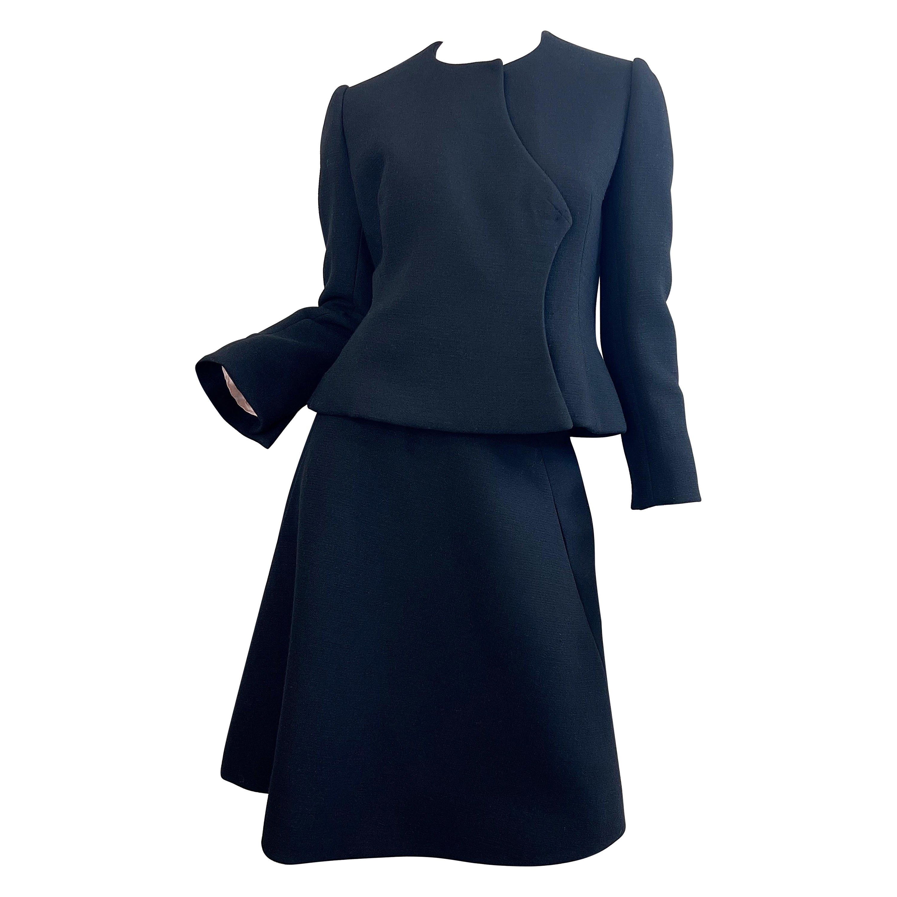 1960er Cardinali Couture Schwarz Wolle Einzigartiger Vintage A - Linie 60er Jahre Rock Anzug Jacke aus Wolle im Angebot