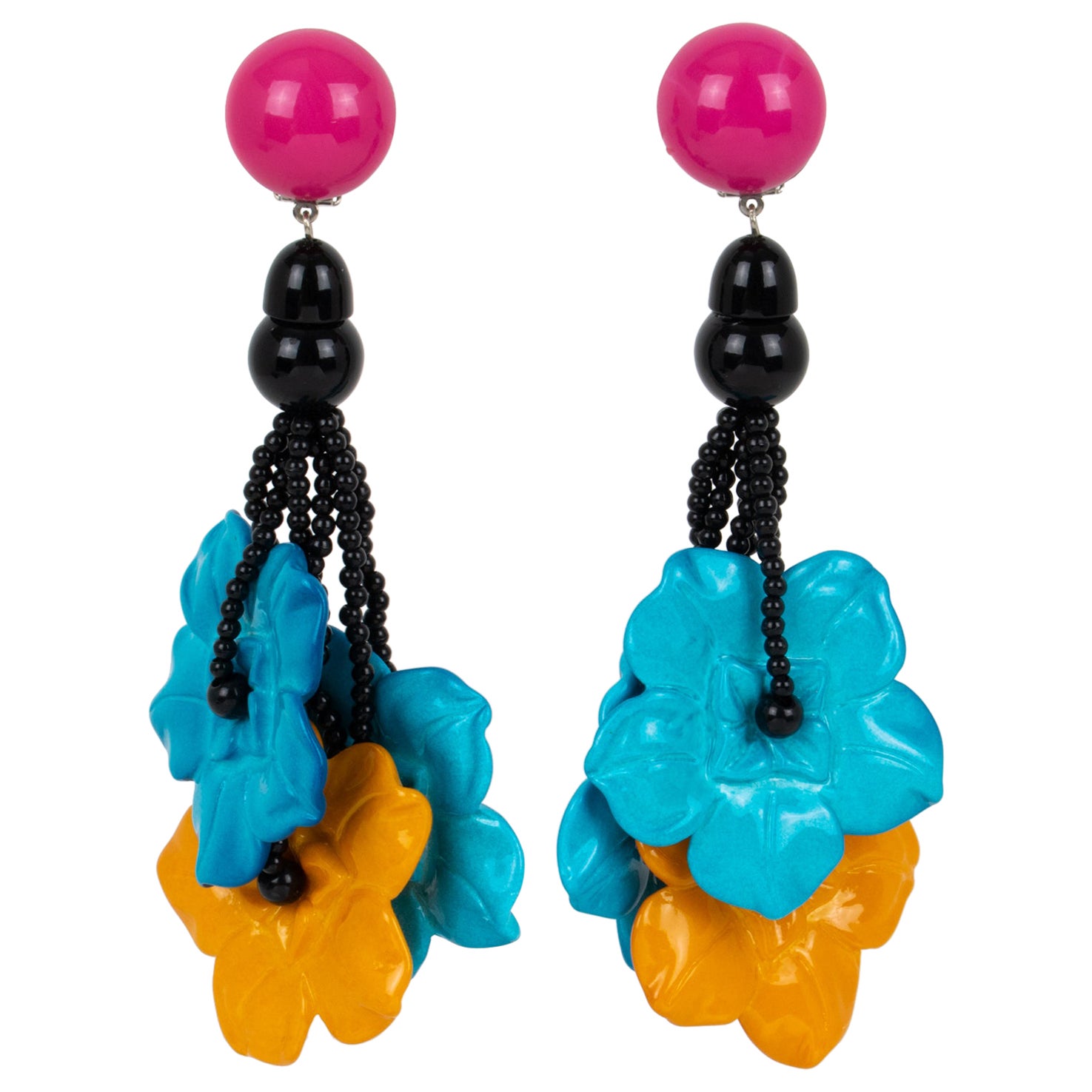 Angela Caputi Turquoise and Yellow Floral Dangle Resin Clip Earrings For Sale