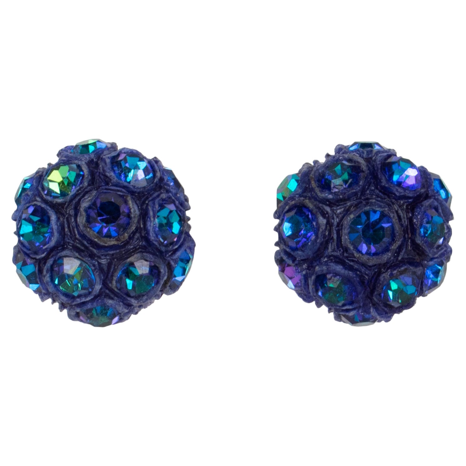Monique Vedie, Line Vautrin Student Talosel Resin Jeweled Blue Clip Earrings For Sale