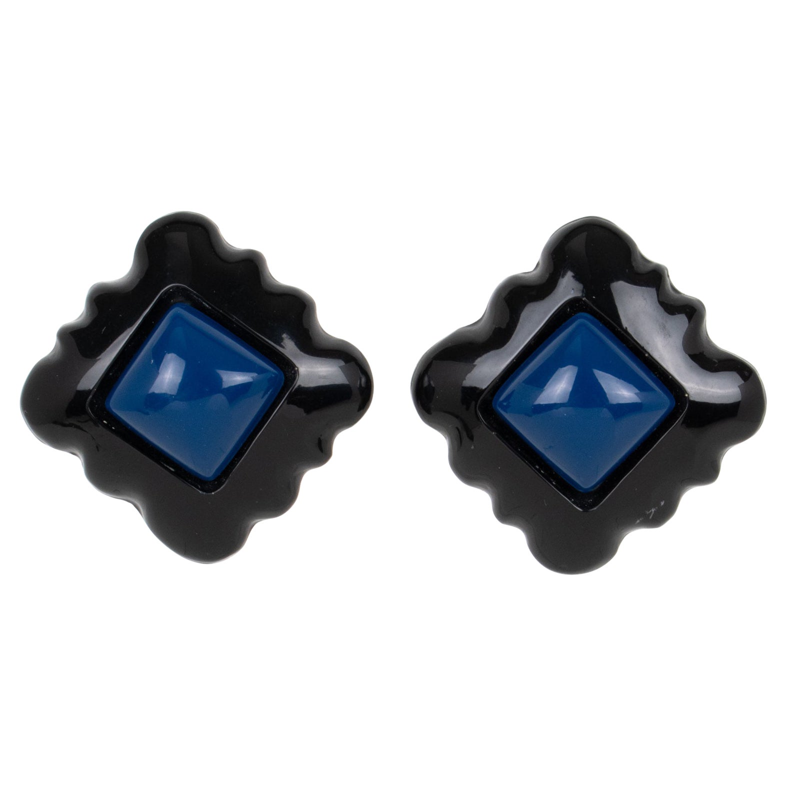 Marc Labat Paris Geometric Black and Blue Resin Clip Earrings For Sale