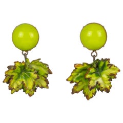 Cilea Resin Dangle Green Leaves Clip Earrings