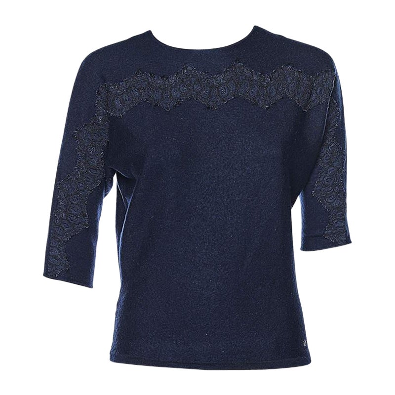 CH Carolina Herrera Navy Blue Wool & Lace Trim Detailed Jumper S For Sale