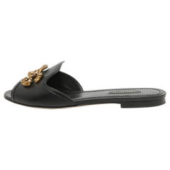 Dolce & Gabbana Black Leather DG Amore Flat Slides Size 37