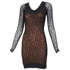 Vintage Alaia Black Lace Bodycon Mini Dress with Sheer Lace Sleeves