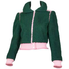 Vintage 1970's Courreges Green Shearling Jacket W/Pink Leather & Knit Trim