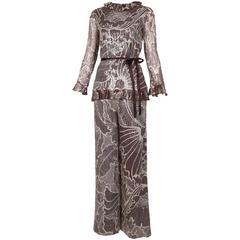 1970's Pierre Cardin Sequin Set W/Large Flower Print & Ruffled Hem & Collar 6