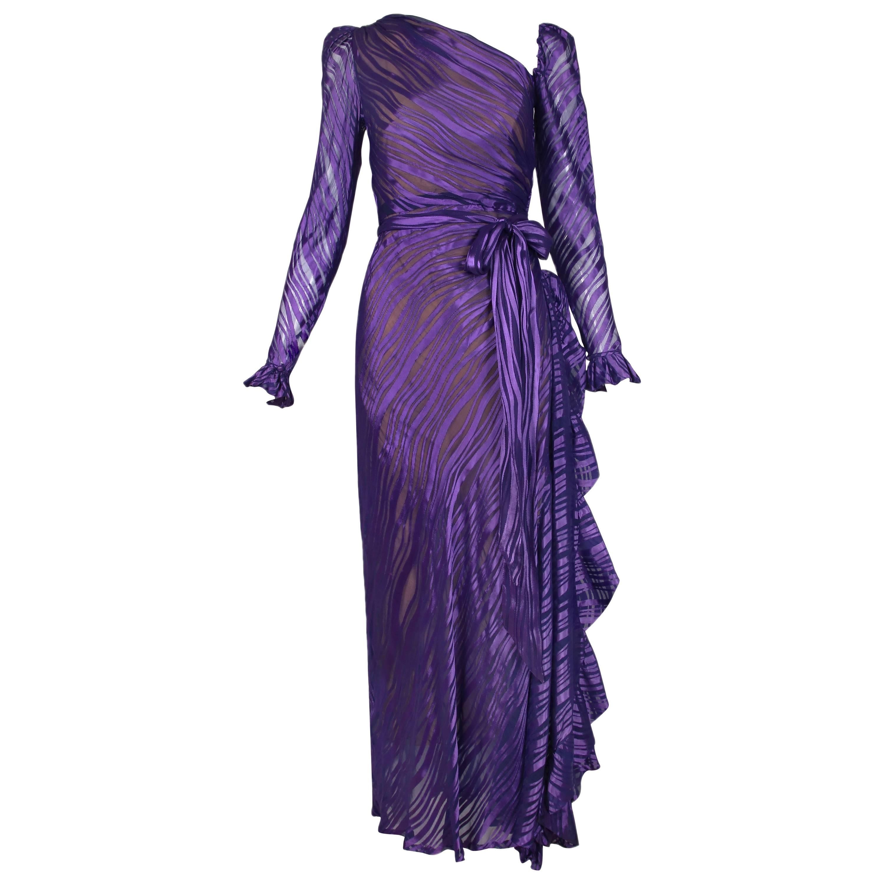 1970's Yves Saint Laurent YSL Royal Purple Sheer Silk Damask Gown
