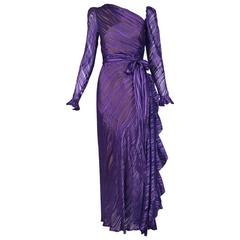 1970's Yves Saint Laurent YSL Royal Purple Sheer Silk Damask Gown