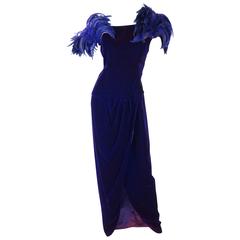 1980s Lillie Rubin Royal Blue Velvet Feather Shoulder Evening Gown