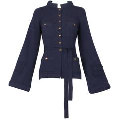 2010 Chanel Navy Cashmere Cardigan W/Bell Sleeves, Waist Tie & Metal Buttons 3