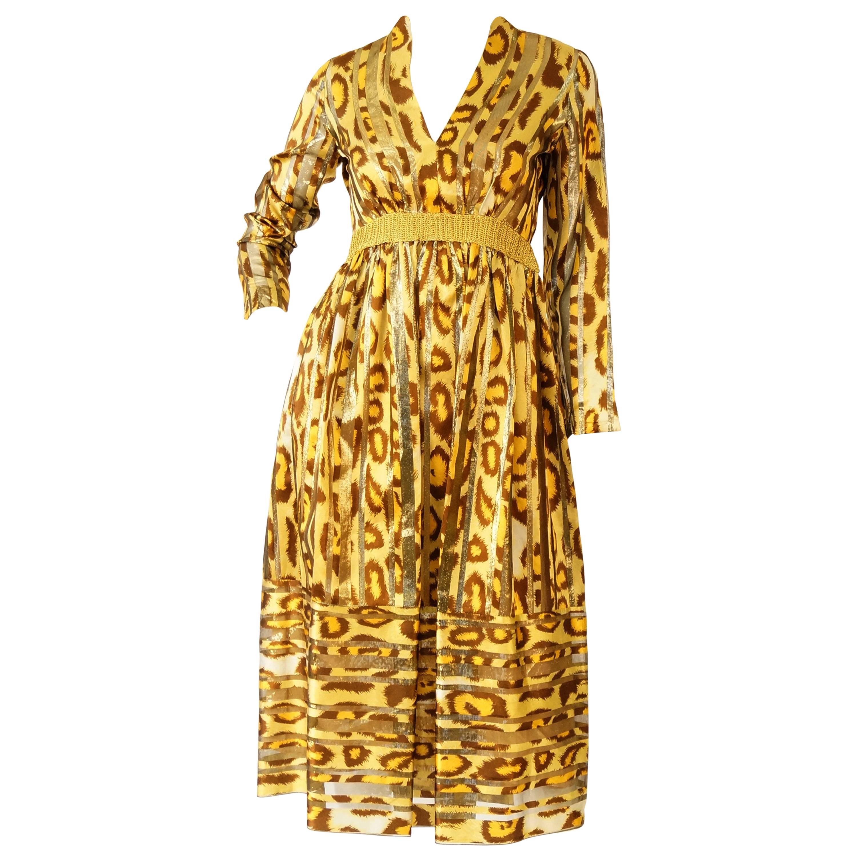 1970s Gold Leopard Print and Stripes Dress  For Sale