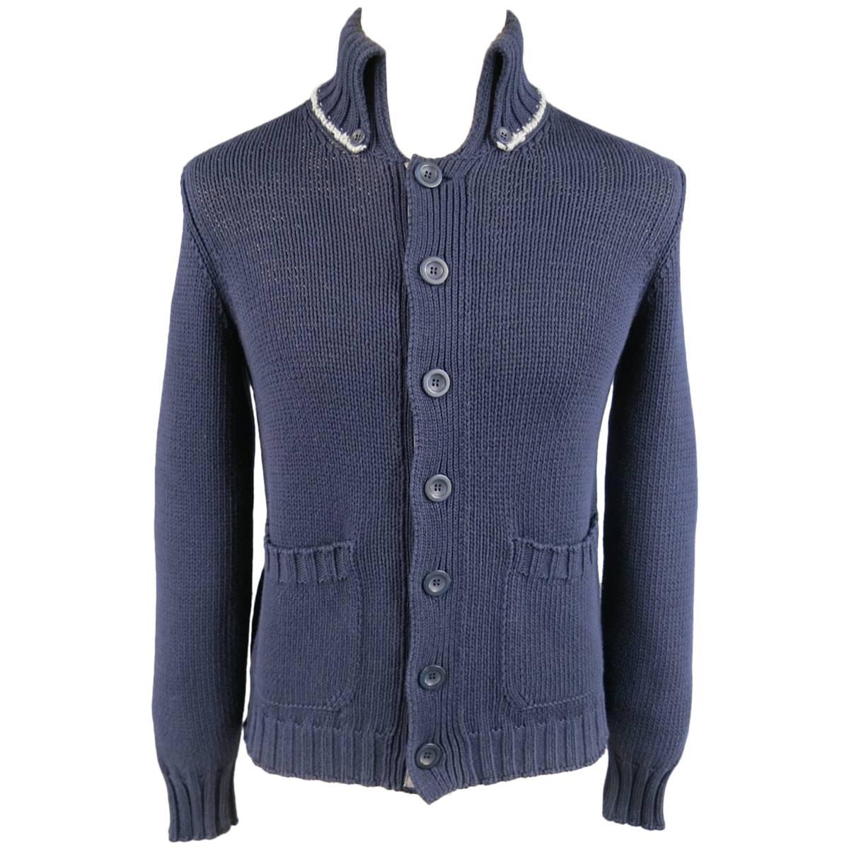 Brunello Cucinelli Men's Navy Cotton Blend Collared Cardigan, Size XS 