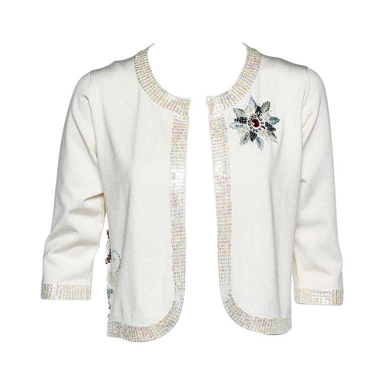 Versace Jeans Couture White Silk Knit Sequin Embellished Open Front Shrug L For Sale