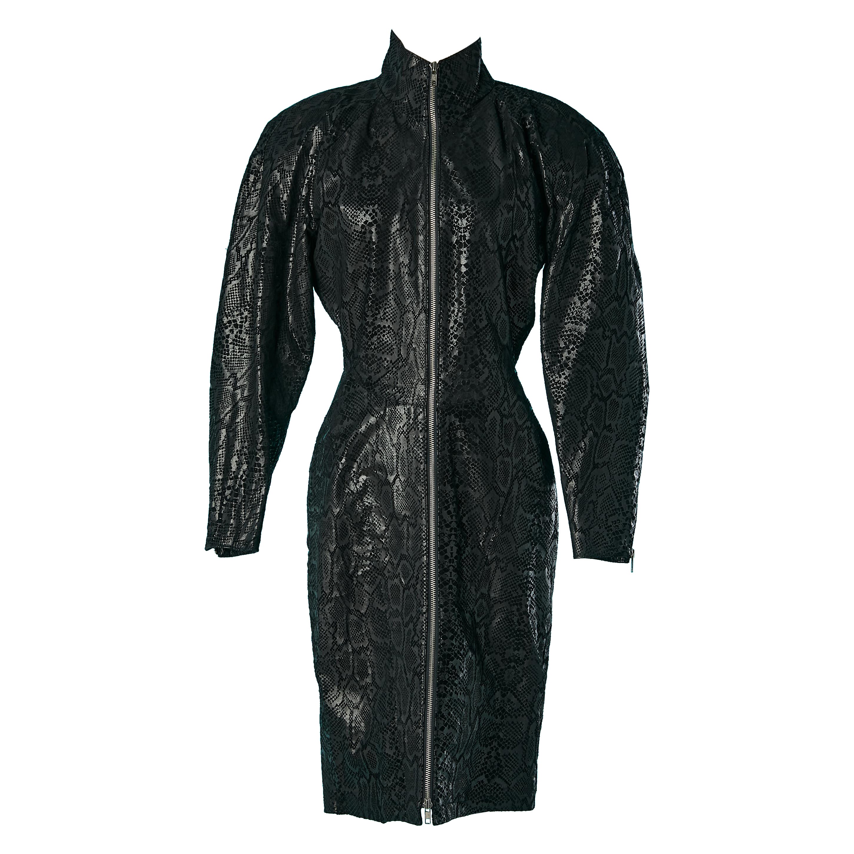 Black leather dress with python pattern Michael Hoban North Beach Leather  For Sale