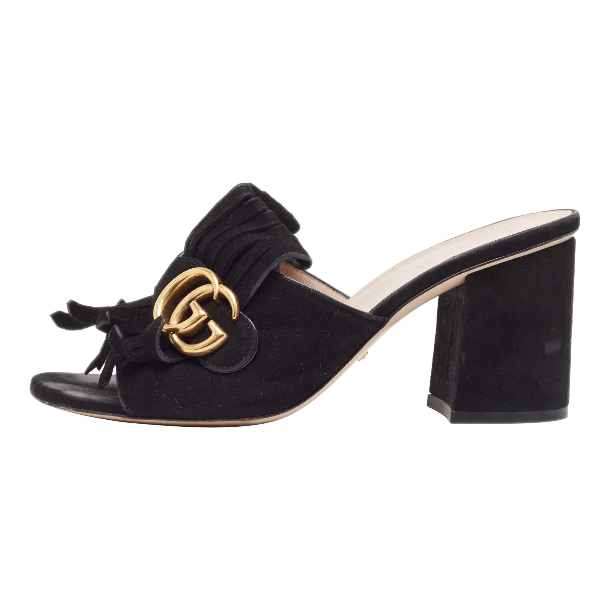 Gucci Black Suede GG Marmont Fringe Mules Size 37 For Sale