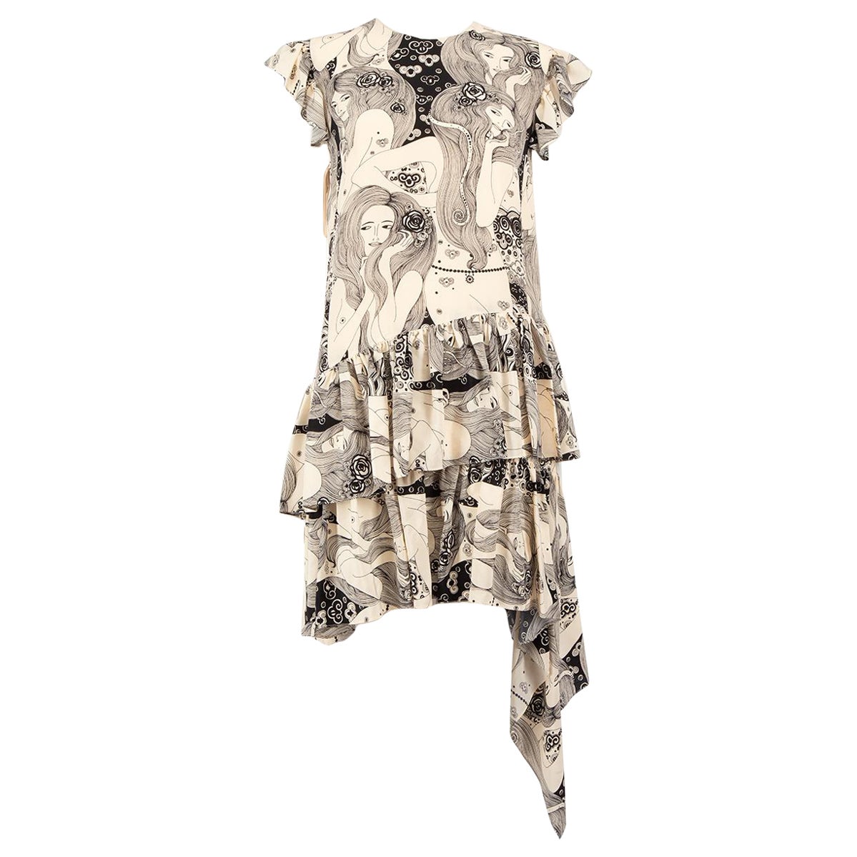 Alexander McQueen Beige Silk Eve Printed Ruffle Accent Dress Size L en vente