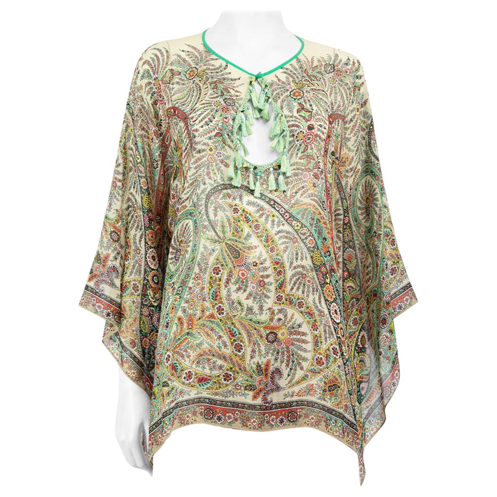 Etro Green Silk Floral Pattern Tassel Accent Top Size M For Sale