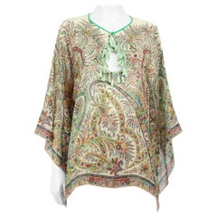 Used Etro Green Silk Floral Pattern Tassel Accent Top Size M