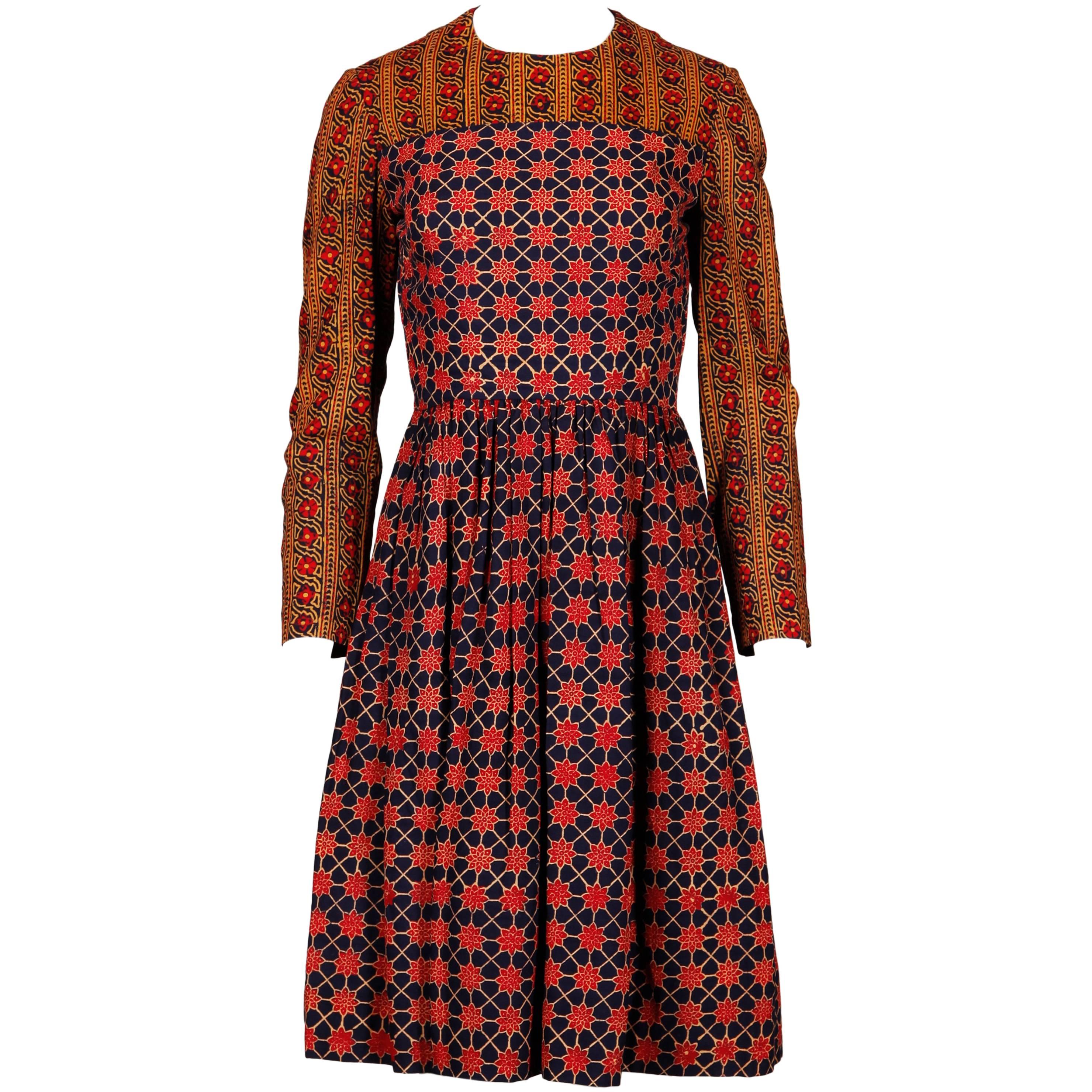 Lanvin Vintage 1970s Cotton Batik India Print Dress with Long Sleeves ...