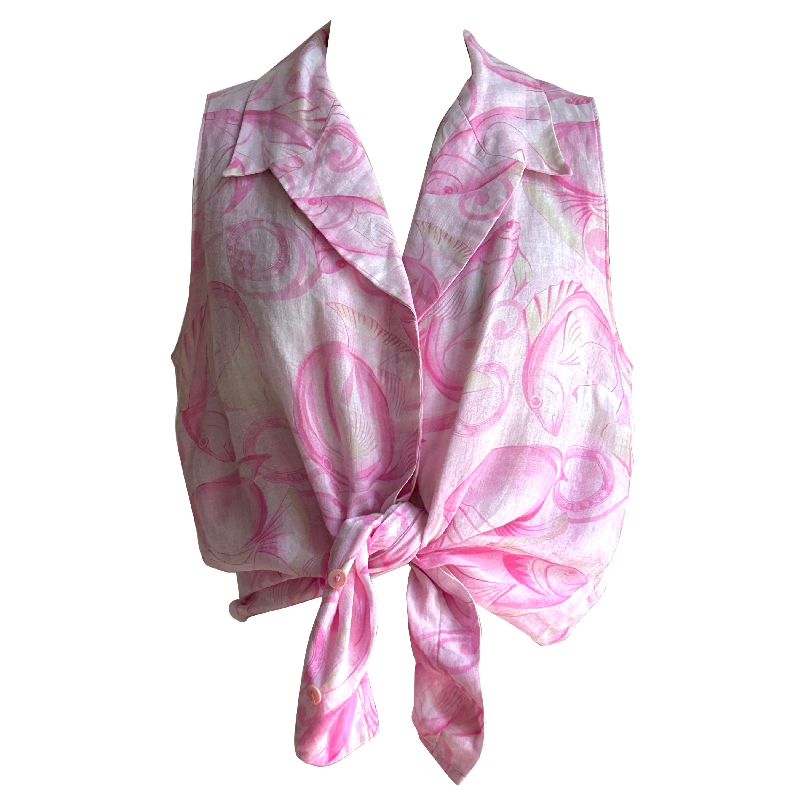 Ärmellose Vintage-Bluse von Celine aus rosa Leinen mit Fischmuster  im Angebot
