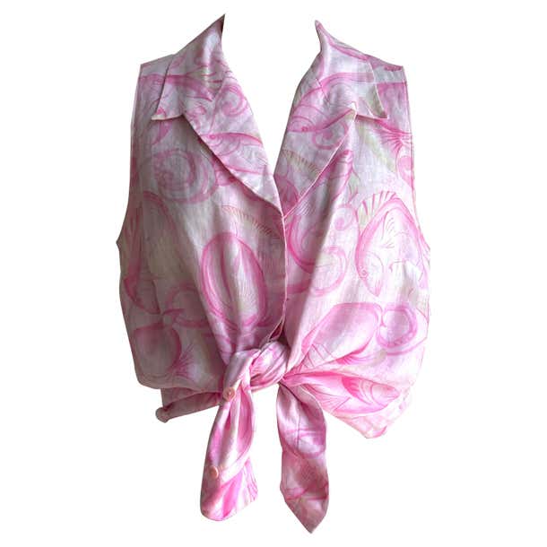 Vintage Celine Pink Linen Fish Print Sleeveless Blouse For Sale at 1stDibs