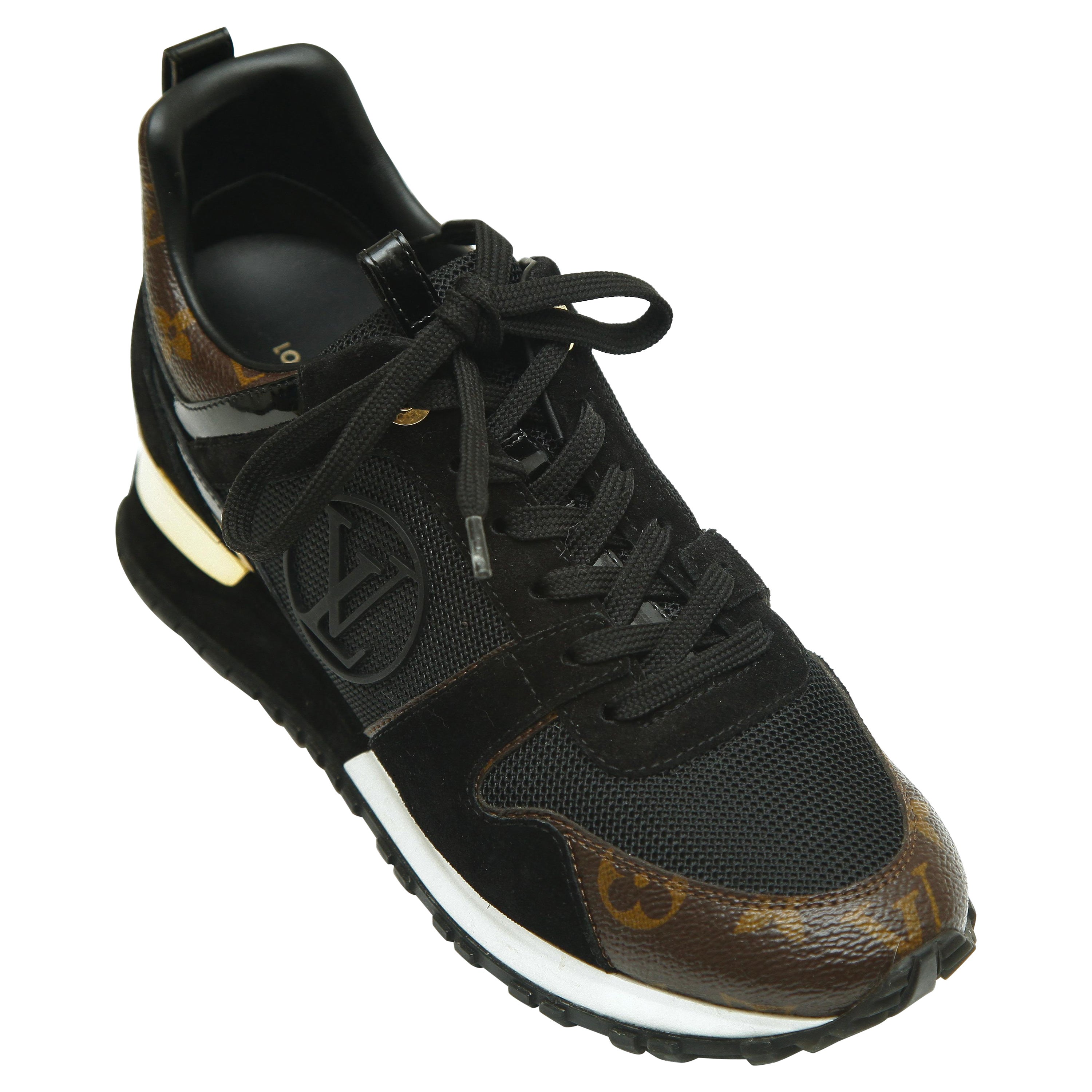 LOUIS VUITTON Sneakers RUN AWAY Black Suede Monogram Gold Lace Up Trainer Sz 38 For Sale