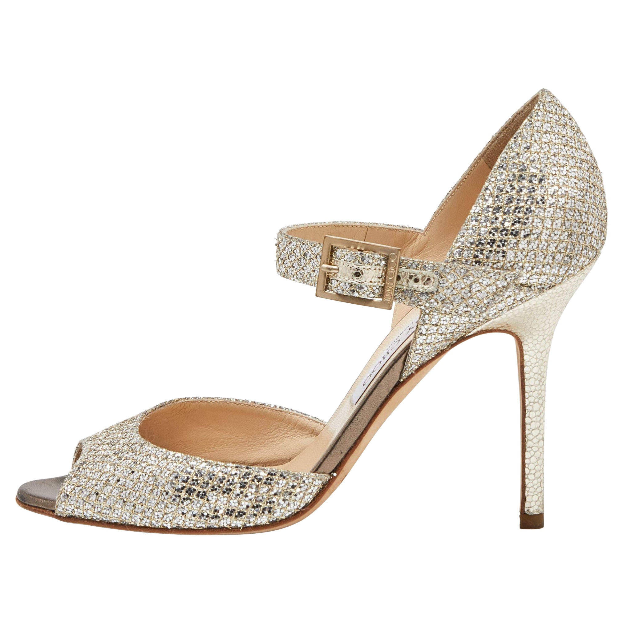 Jimmy Choo Silver/Gold Coarse Glitter Mary Jane Sandals Size 38 For Sale