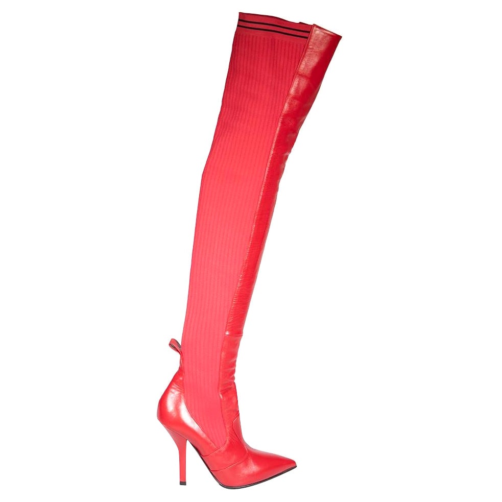 Fendi Red Leather Thigh Heeled Boots Size IT 39 For Sale