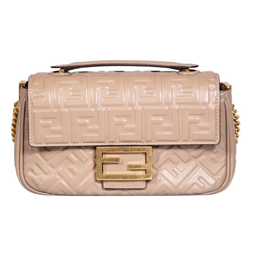 Fendi Taupe Leather Zucca FF Embossed Baguette Chain Midi For Sale