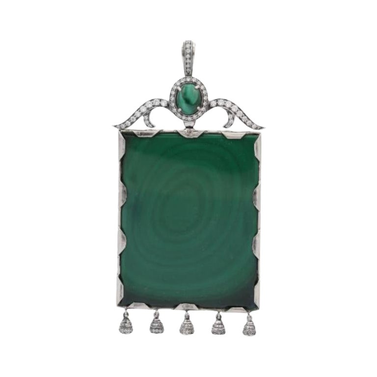 Antique 180.42 Carat Malachite, Pearl and CZ Sterling Silver Pendant For Sale