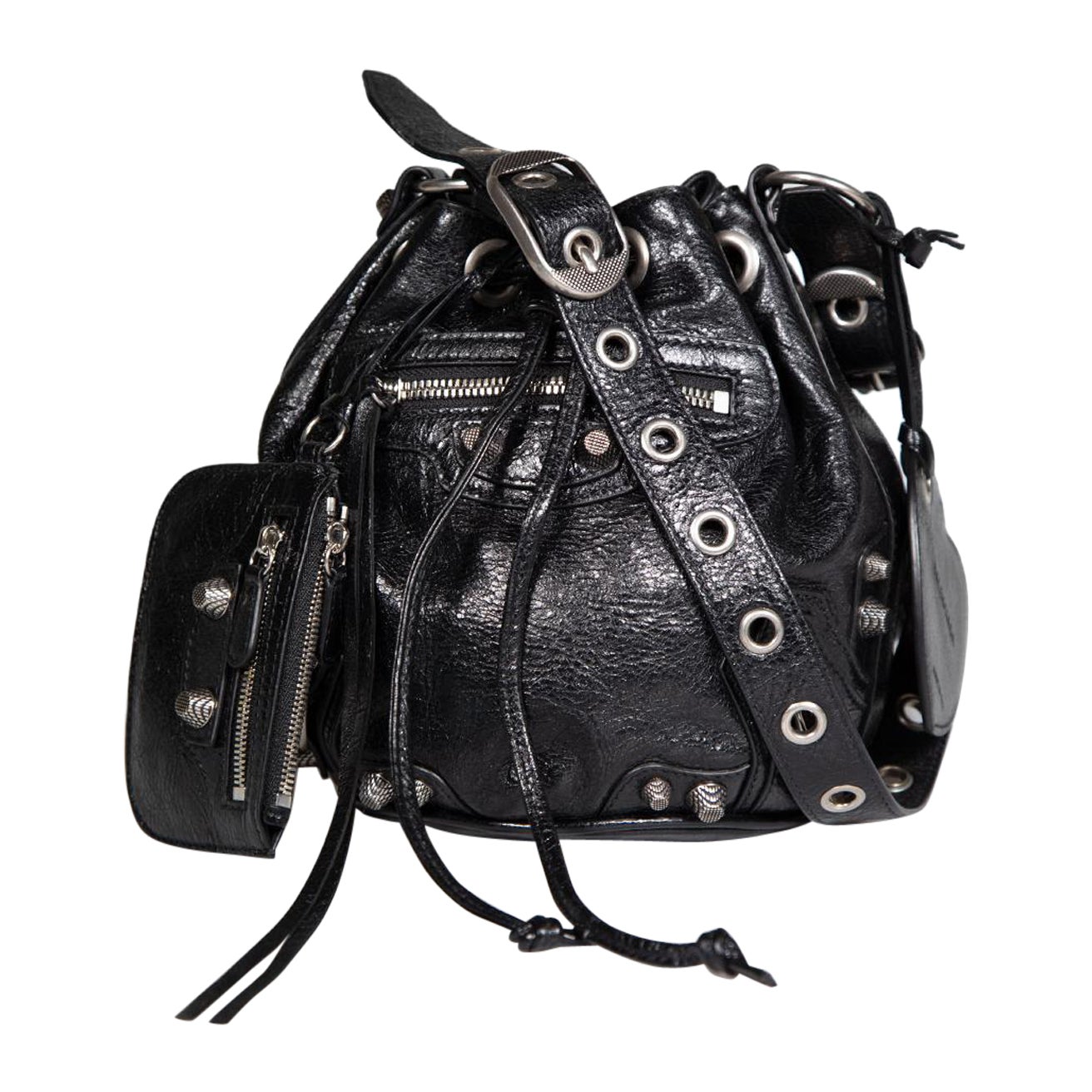 Balenciaga - Sac à main en cuir noir Le Cagole Extra Small Bucket Bag en vente