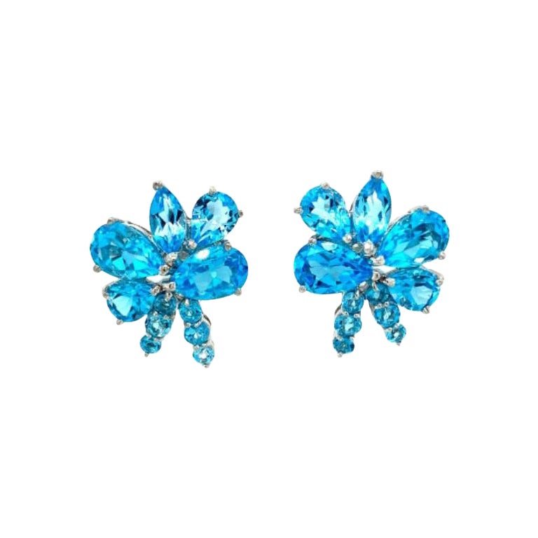 9.64 Carat Blue Topaz Statement Flower Wedding Earrings in 925 Silver For Sale
