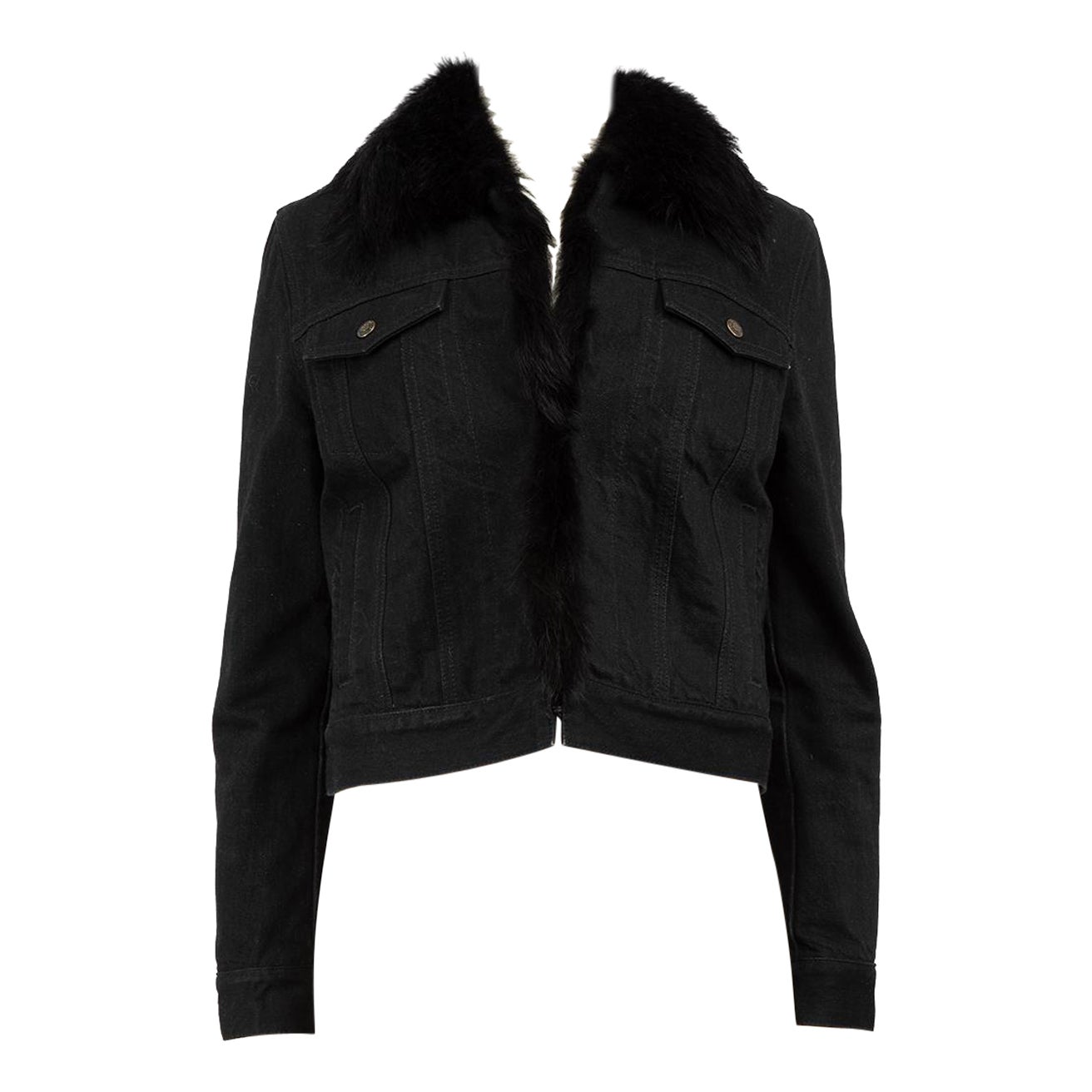 Saint Laurent Black Denim Faux Fur Trimmed Jacket Size M For Sale