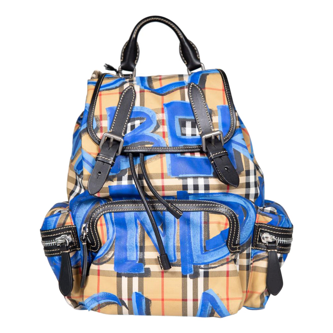 Burberry Blue Medium Logo Graffiti Nova Check Backpack For Sale