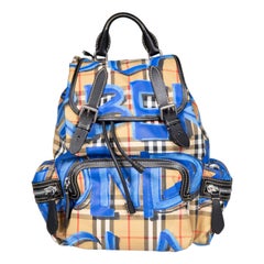 Used Burberry Blue Medium Logo Graffiti Nova Check Backpack