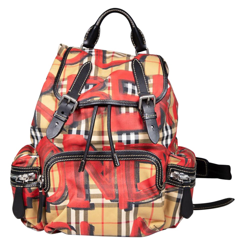 Burberry Red Medium Logo Graffiti Nova Check Backpack For Sale