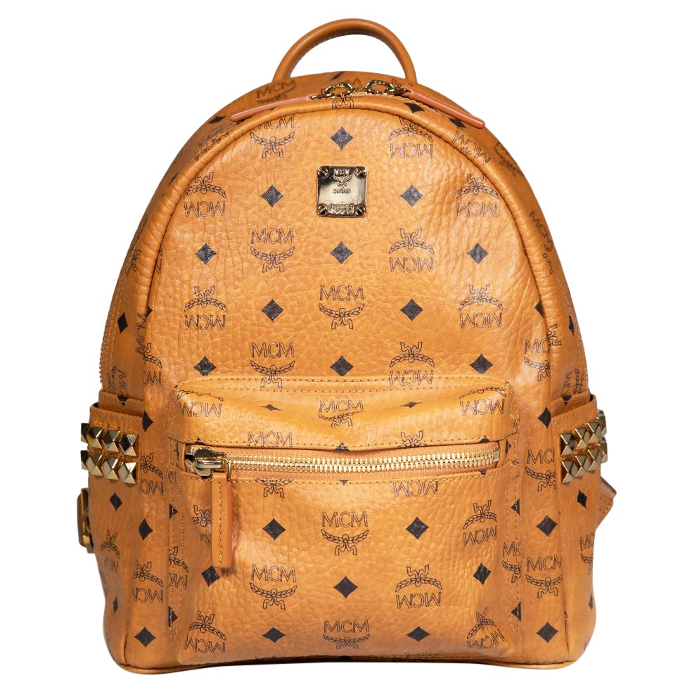 MCM Brown Leather Viseto Stark Side Studded Backpack For Sale