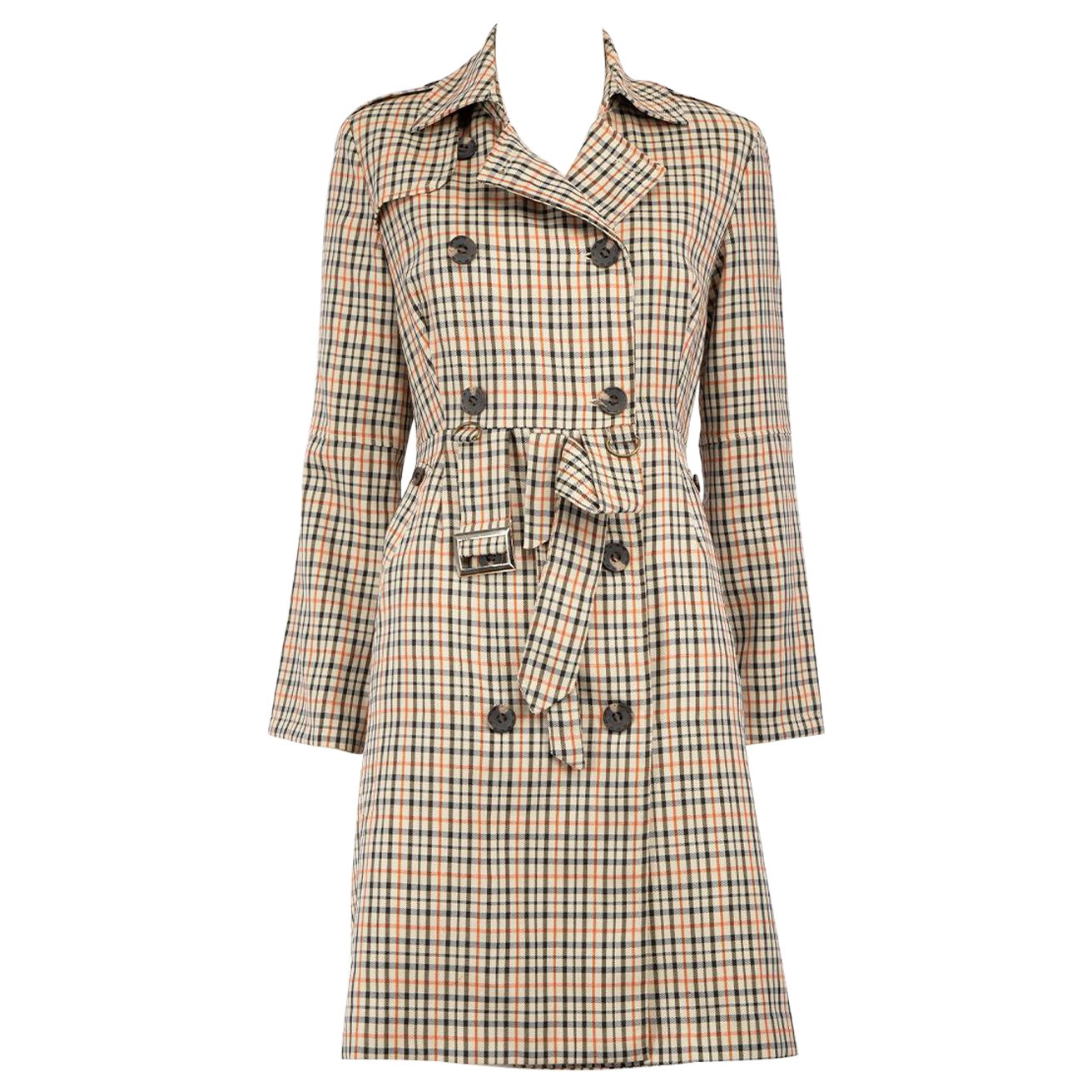 Moschino Brown Brown Gingham Buckle Detail Trench Coat Size M en vente