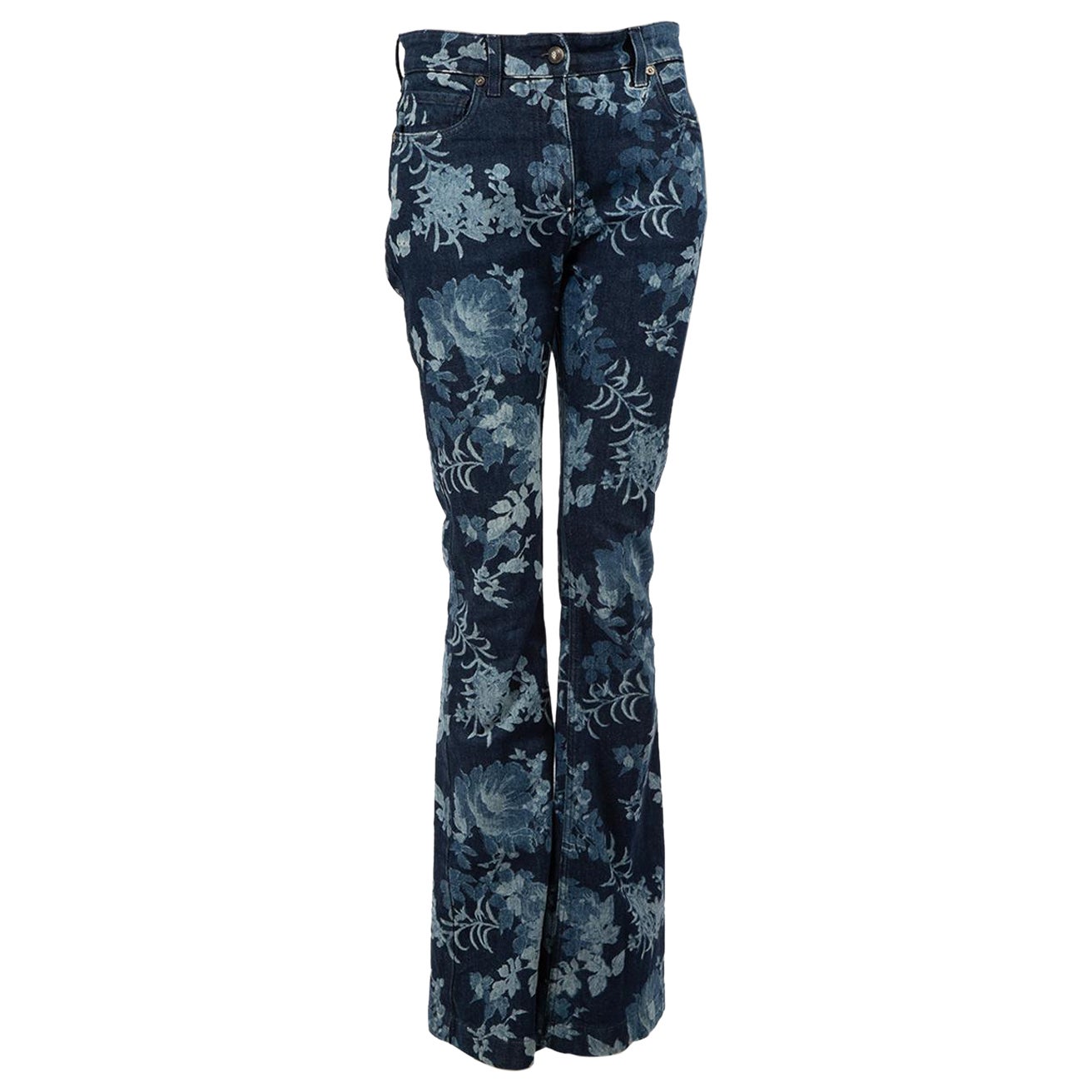 Etro Blue Denim Floral Pattern Flared Jeans Size M For Sale