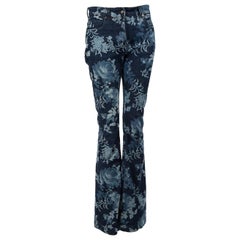 Used Etro Blue Denim Floral Pattern Flared Jeans Size M