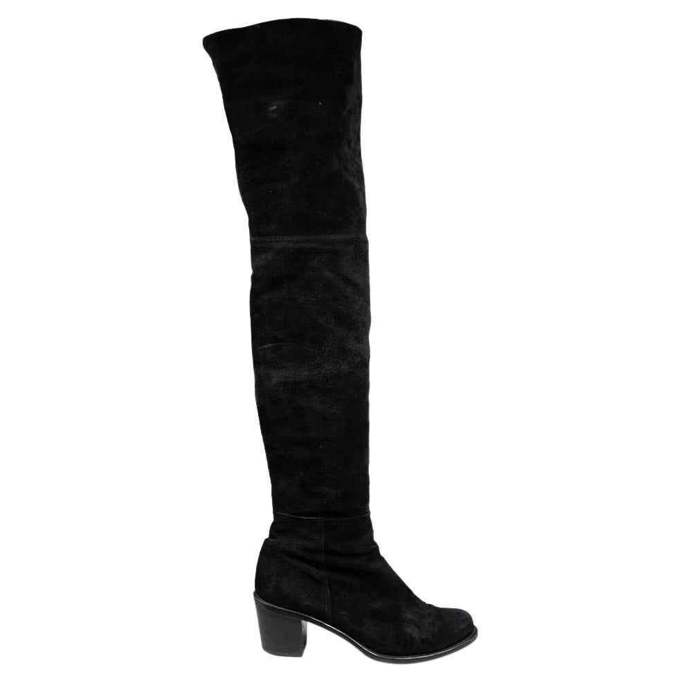Stuart Weitzman Black Suede Thigh High Mid Heel Boots Size IT 38 For Sale